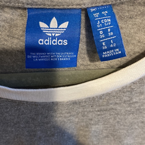 Adidas S grey teeshirt with white stripes. EUC - Picture 2 of 3